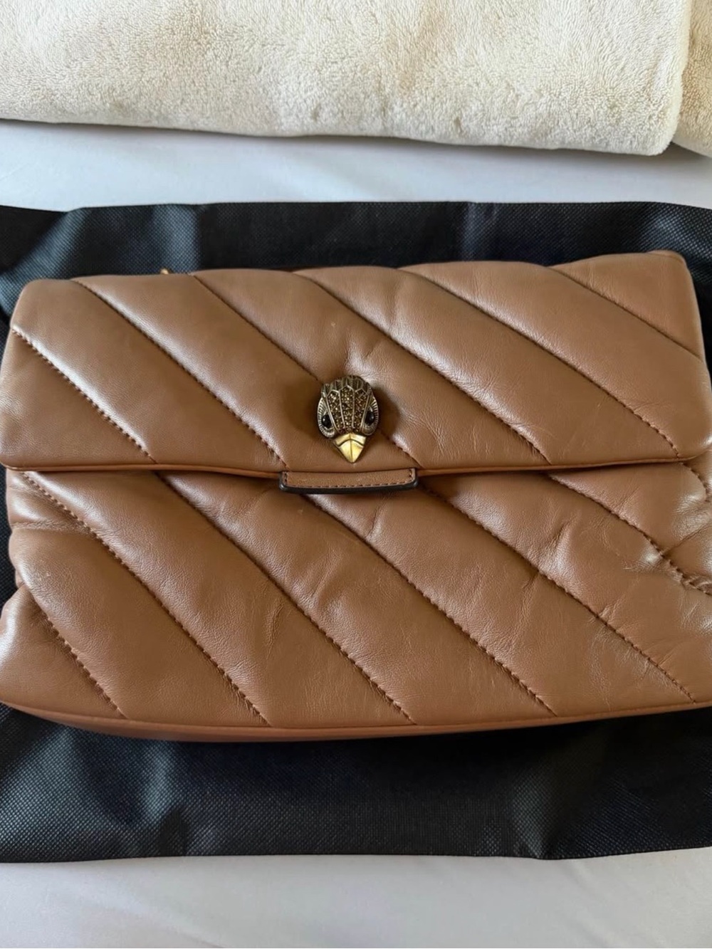 Kurt Geiger Quilted Tan Leather Clutch with Signature Bead Clasp